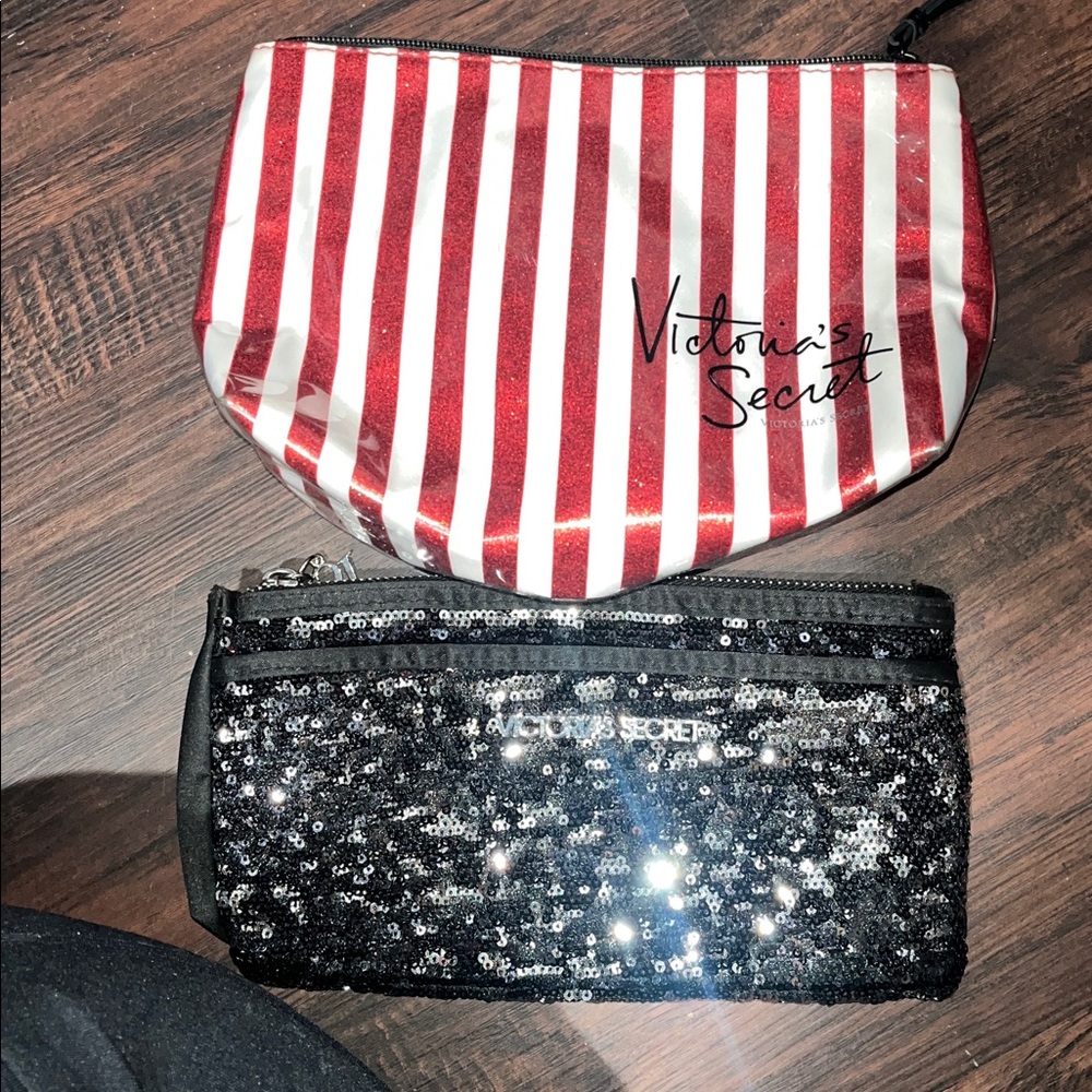 Victoria's Secret BEAUTY Red & White Stripes Mini & Glitter Cosmetic Makeup Bags